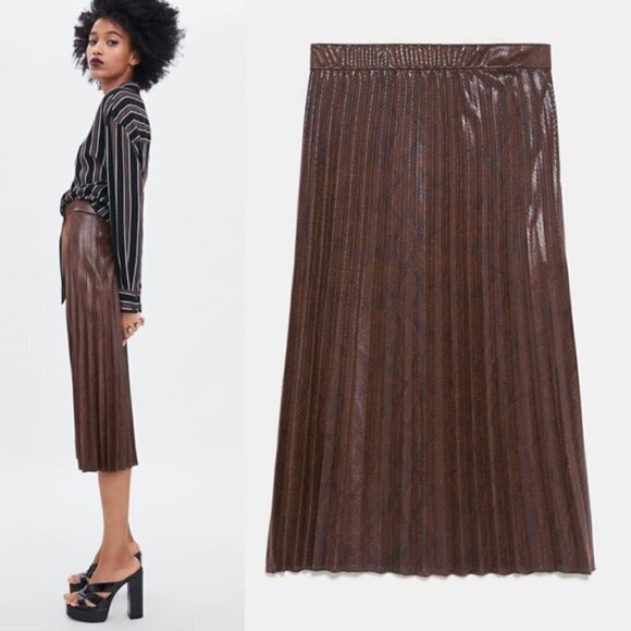 NWT ZARA Animal Print Pleated Faux Leather Skirt - Picture 3 of 5